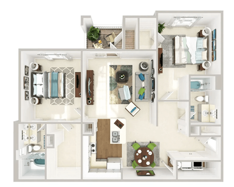 a bedroom floor plan with a bathroom and a living room